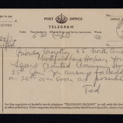 Telegram from Ted Thornhill to Connie Crowther